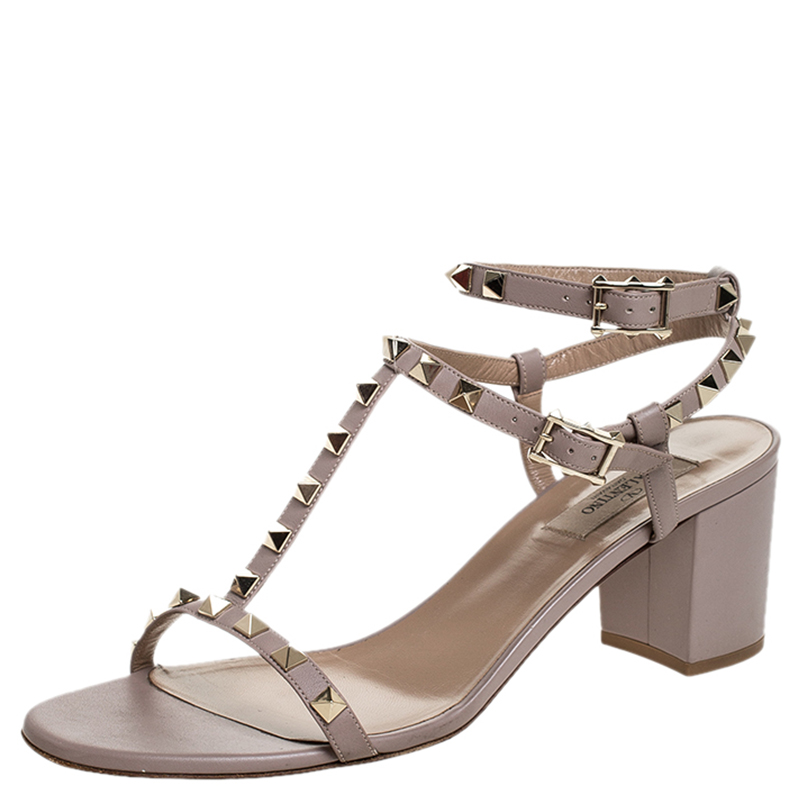 Pre Owned Valentino Beige Leather T Strap Rockstud Block Heel Sandals Size 41