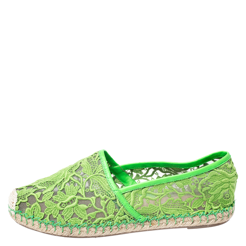 

Valentino Green Lace, Leather Trim And Mesh Espadrille Flats Size