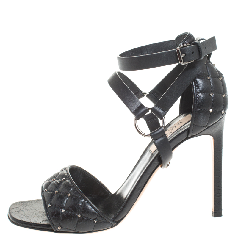 

Valentino Black Leather Rockstud Spike Ankle Strap Sandals Size