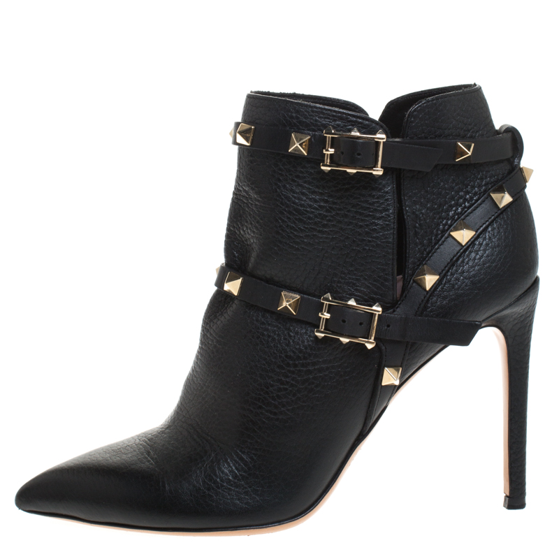 

Valentino Black Leather Rockstud Pointed Toe Ankle Boots Size
