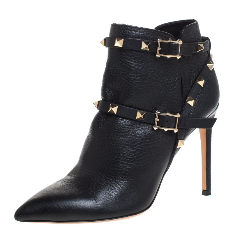 Pre Owned Valentino Black Leather Rockstud Pointed Toe Ankle Boots Size 37