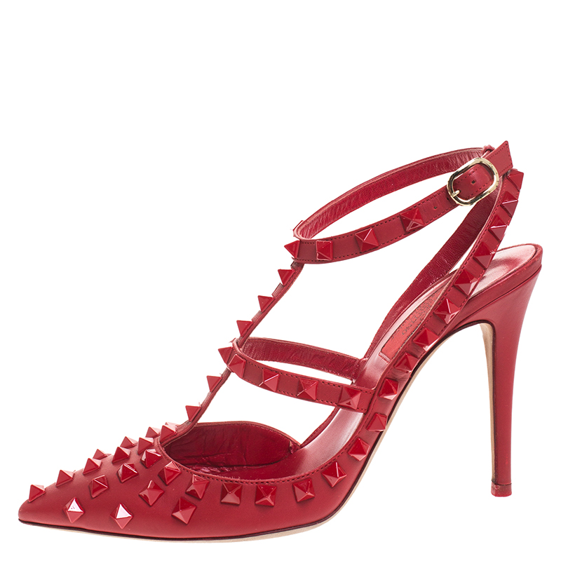 

Valentino Red Leather Rockstud Ankle Strap Cage Sandals Size