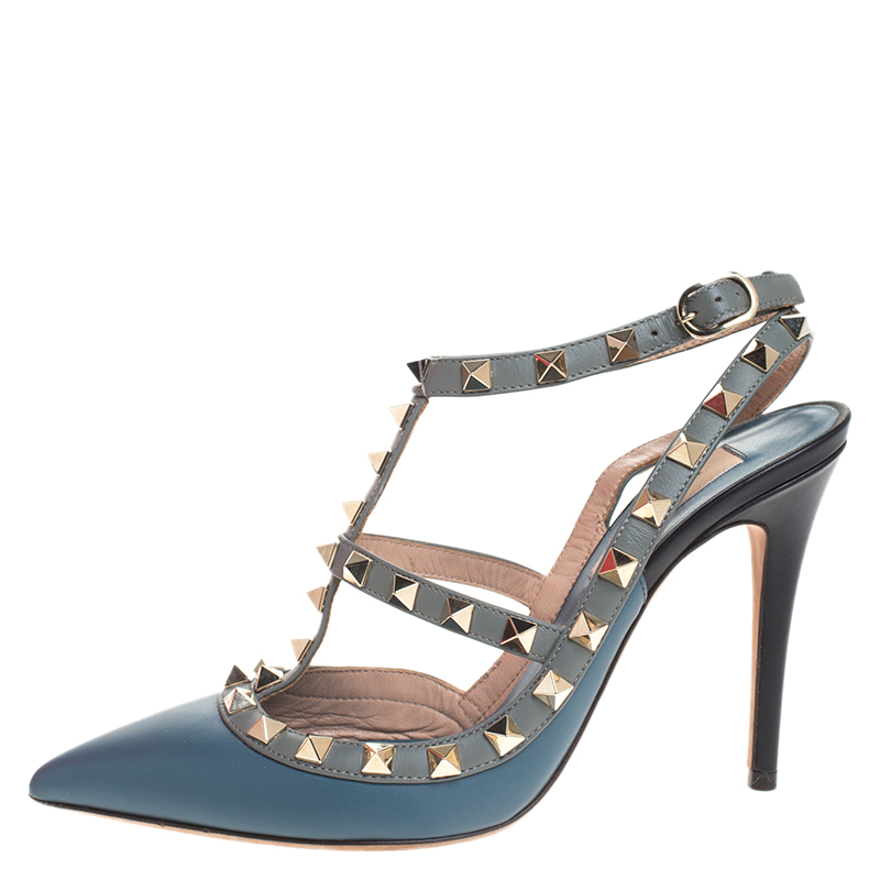 

Valentino Blue/Grey Leather Rockstud Cage Sandals Size