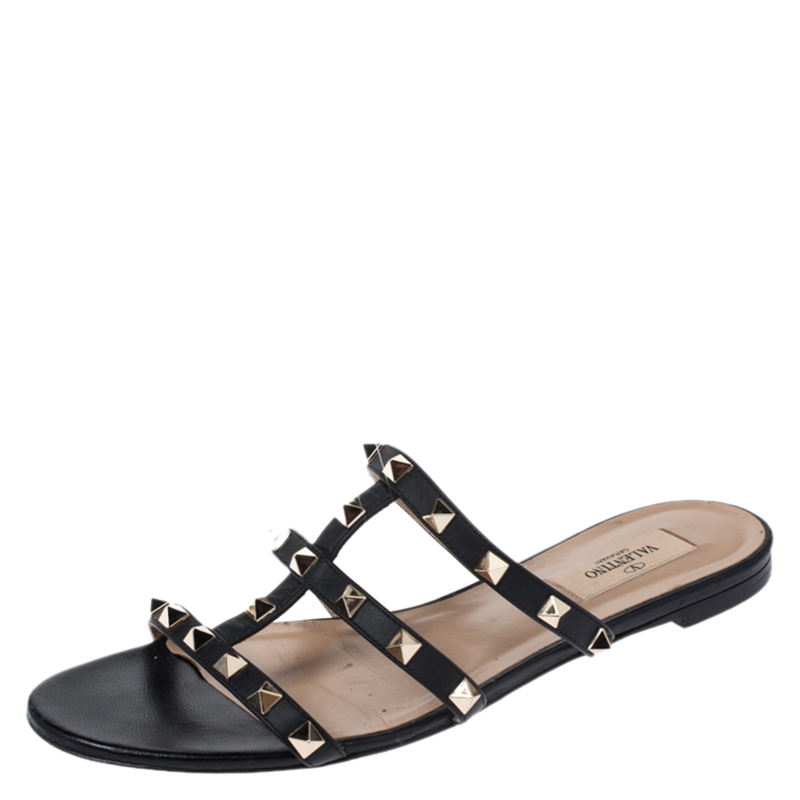 Pre Owned Valentino Black Leather Rockstud Caged Flat Slides Size 38.5