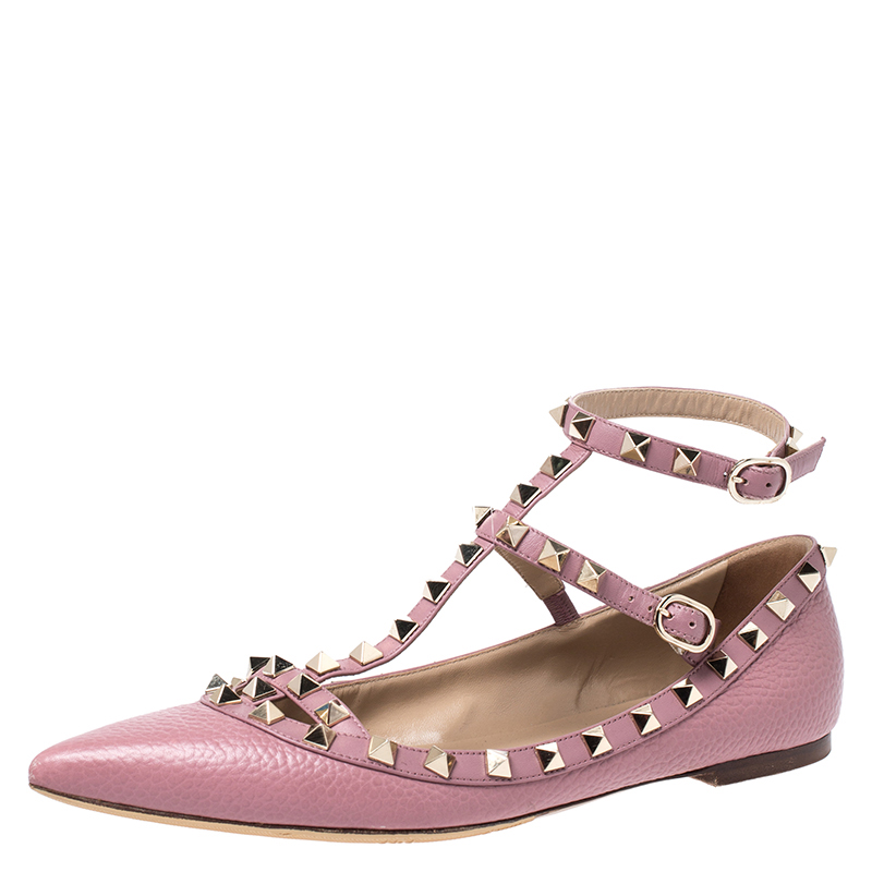 Pre Owned Valentino Pink Leather T Strap Rockstud Ballet Flats Size 39
