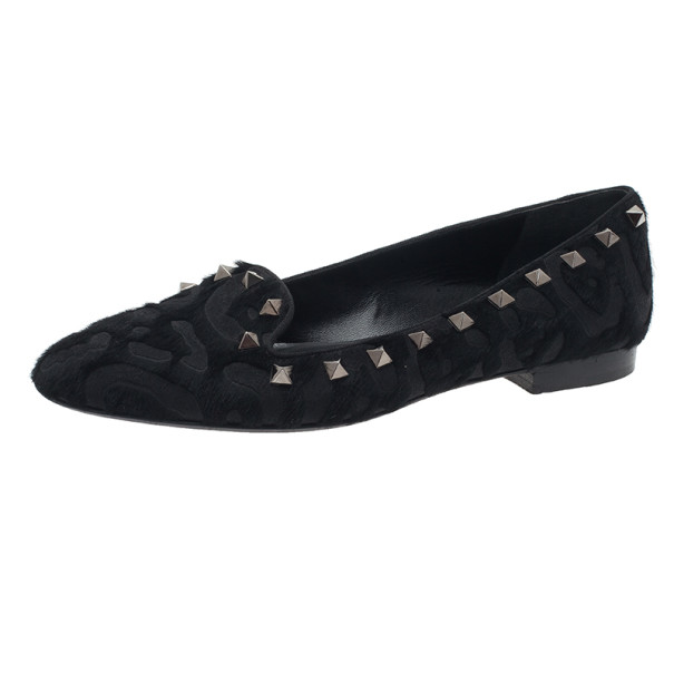Pre Owned Valentino Black Pony Hair and Leather Rockstud Smoking Slippers Size 37.5