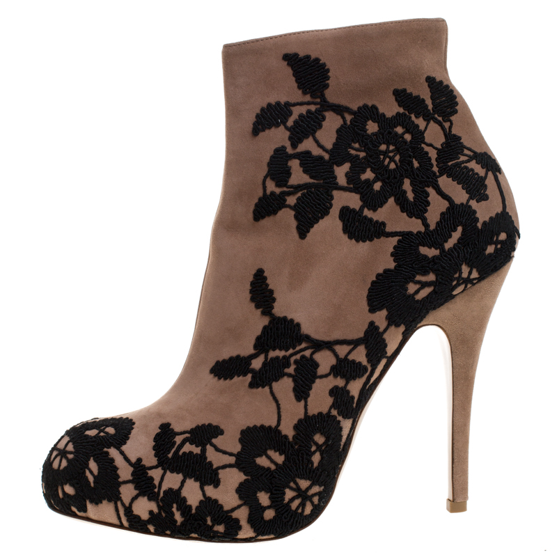 

Valentino Beige/Black Embroidered Suede Zip Ankle Boots Size