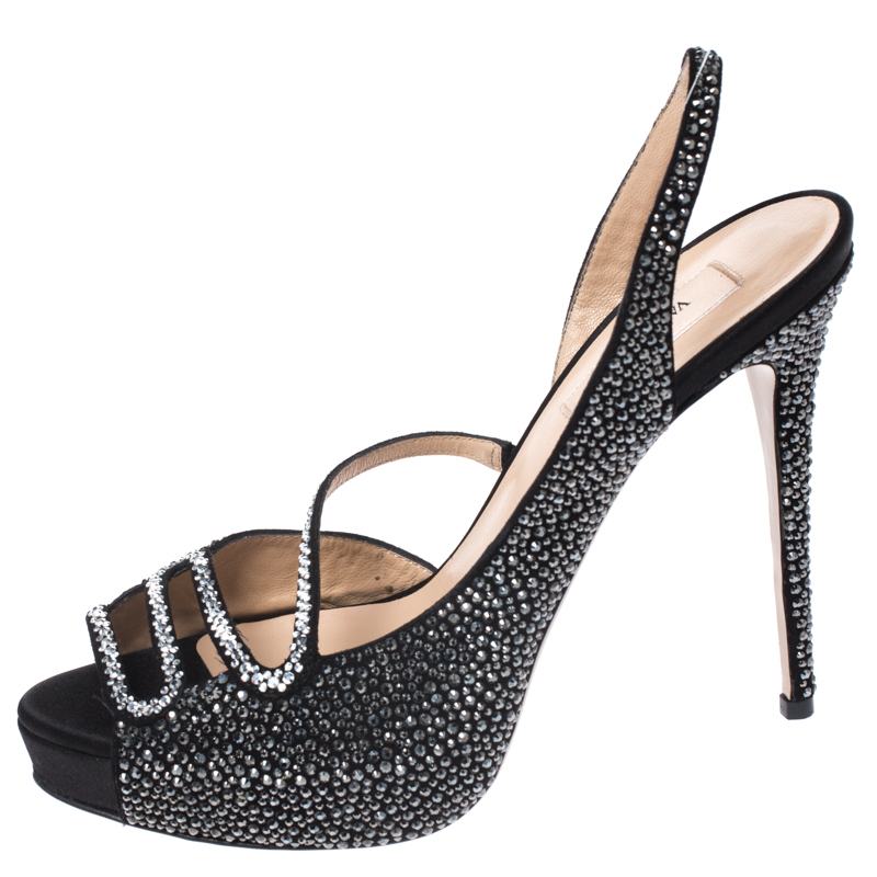 

Valentino Black Satin Crystal Embellished Slingback Platform Sandals Size