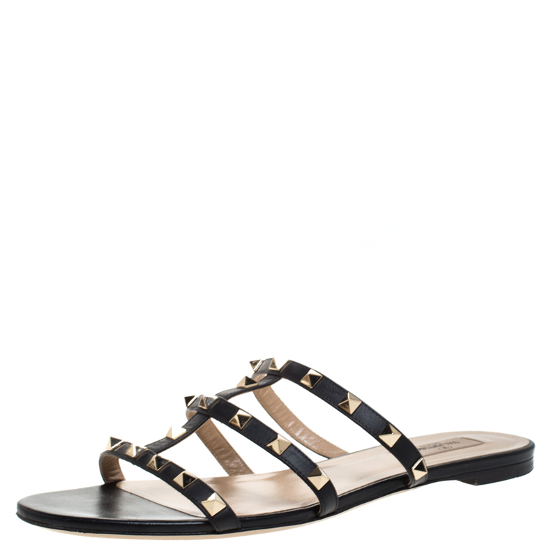 Pre Owned Valentino Black Leather Rockstud Strappy Flats Size 40.5