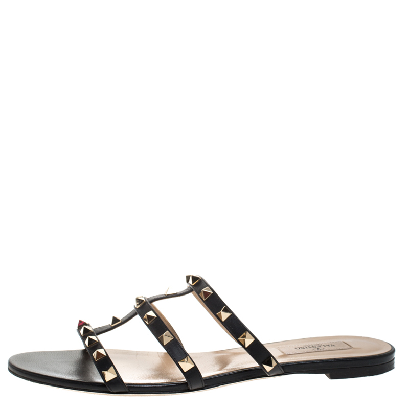 

Valentino Black Leather Rockstud Strappy Flats Size