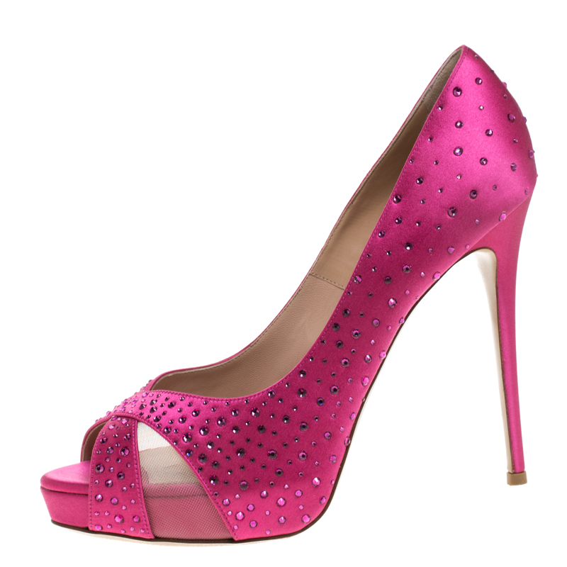 Pre-owned Valentino Garavani Pink Crystal Embellished Satin Peep Toe Platform Pumps Size 40