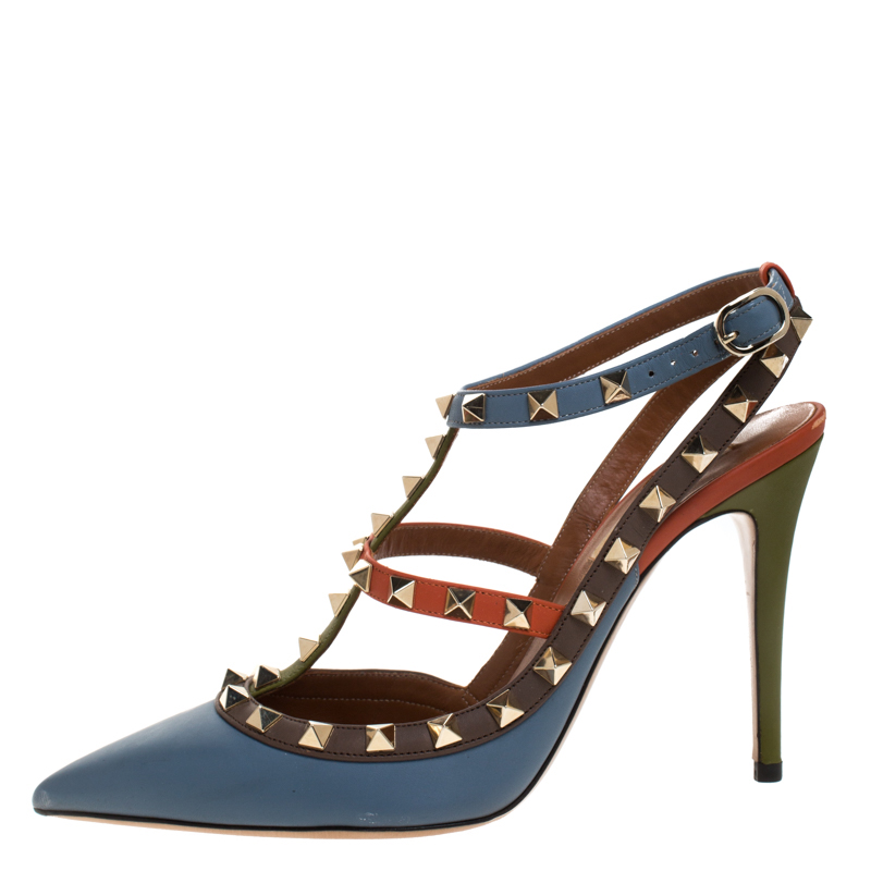 

Valentino Tricolor Leather Rockstud Pointed Toe Ankle Strap Sandals, Multicolor