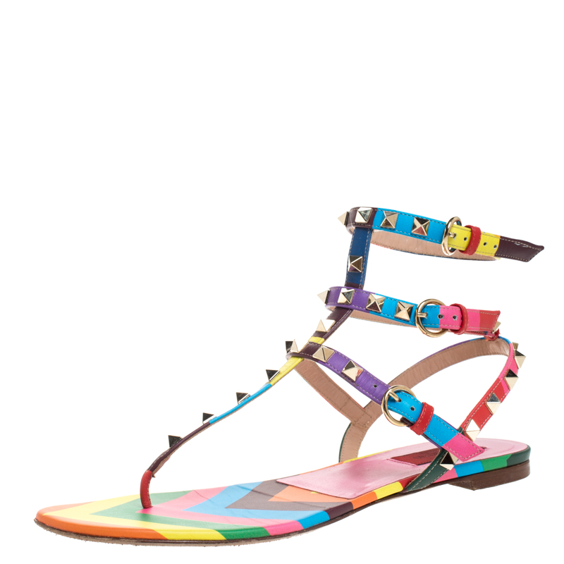 Pre Owned Valentino Multicolor Chevron Print Leather Rockstud Thong Flat Sandals Size 40