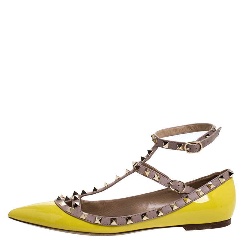 

Valentino Yellow Patent Leather And Leather Rockstud Double Ankle Strap Cage Ballerina Flats Size
