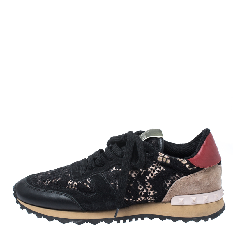 

Valentino Multicolor Suede Leather And Macramé Lace Rockrunner Sneakers Size