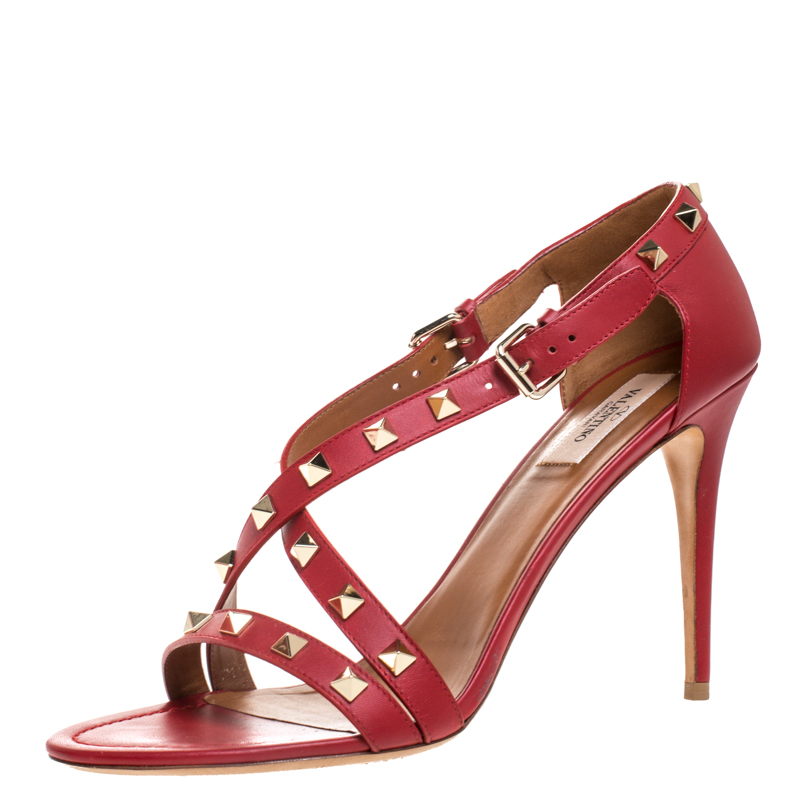 Pre Owned Valentino Red Leather Rockstud Cross Strap Sandals Size 40.5