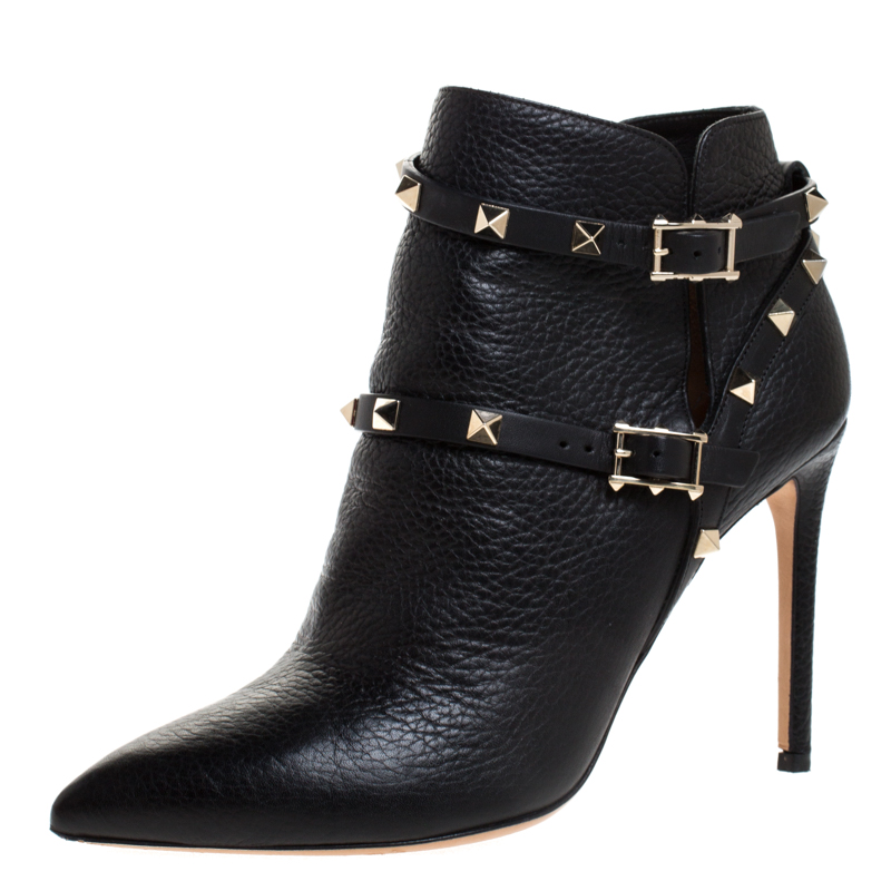 Pre Owned حذاء بوت كاحل فالنتينو بمقدمة مدببة روكستد جلد أسود مقاس 37