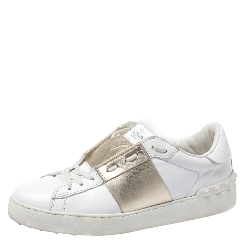 Pre-owned Valentino Garavani White/gold Leather Open Low Top Sneakers ...