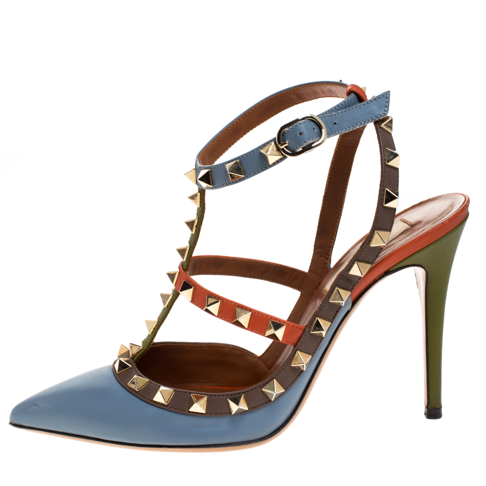 

Valentino Tricolor Leather Rockstud Pointed Toe Ankle Strap Sandals Size, Grey