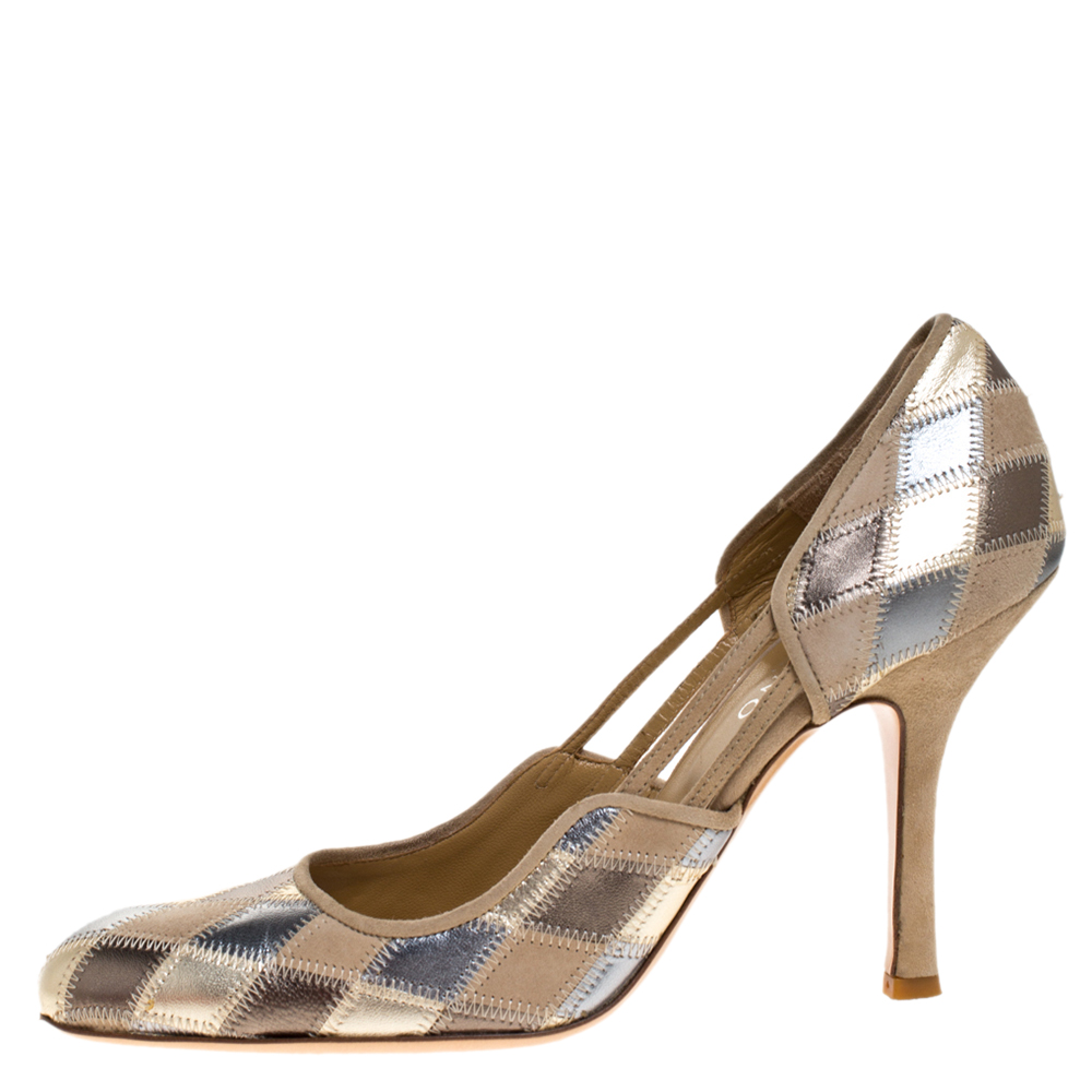 

Valentino Beige/Metallic Stitch Quilted Leather and Suede Pumps Size