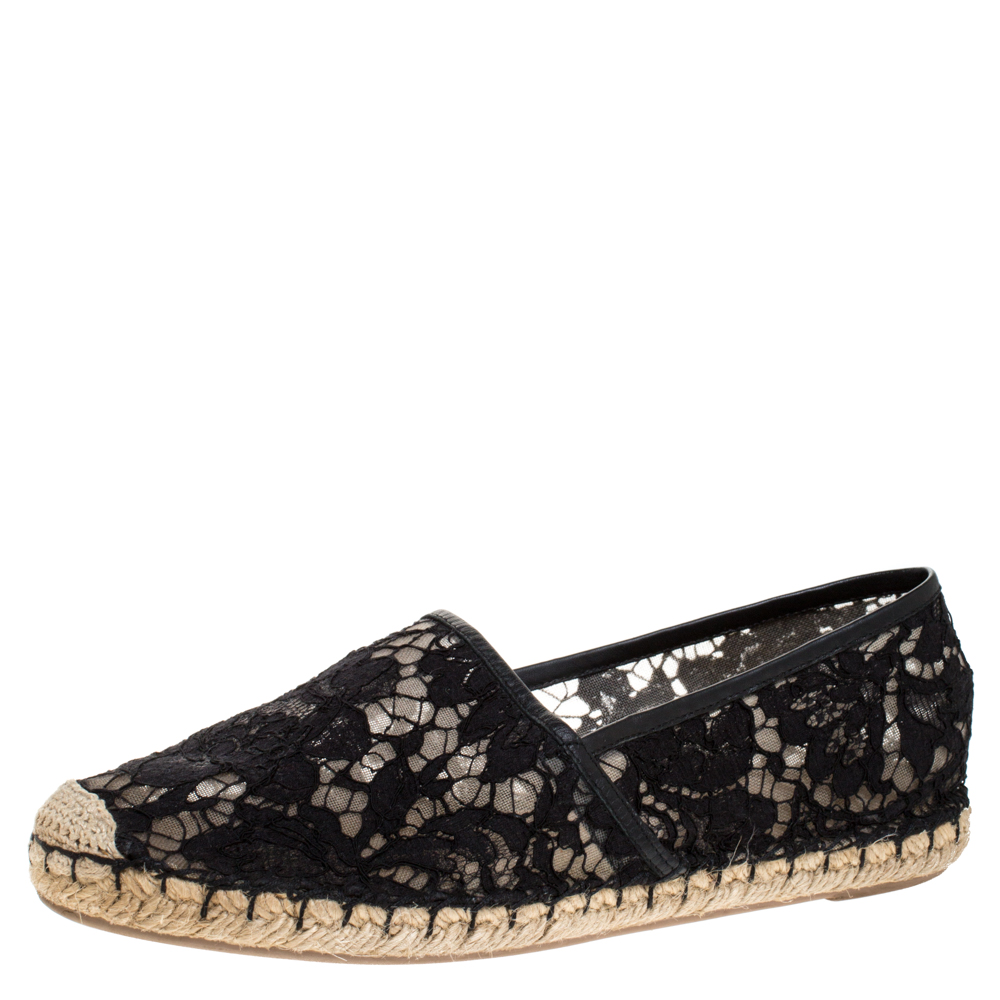 Pre Owned Valentino Black Lace Espadrille Flats Size 37