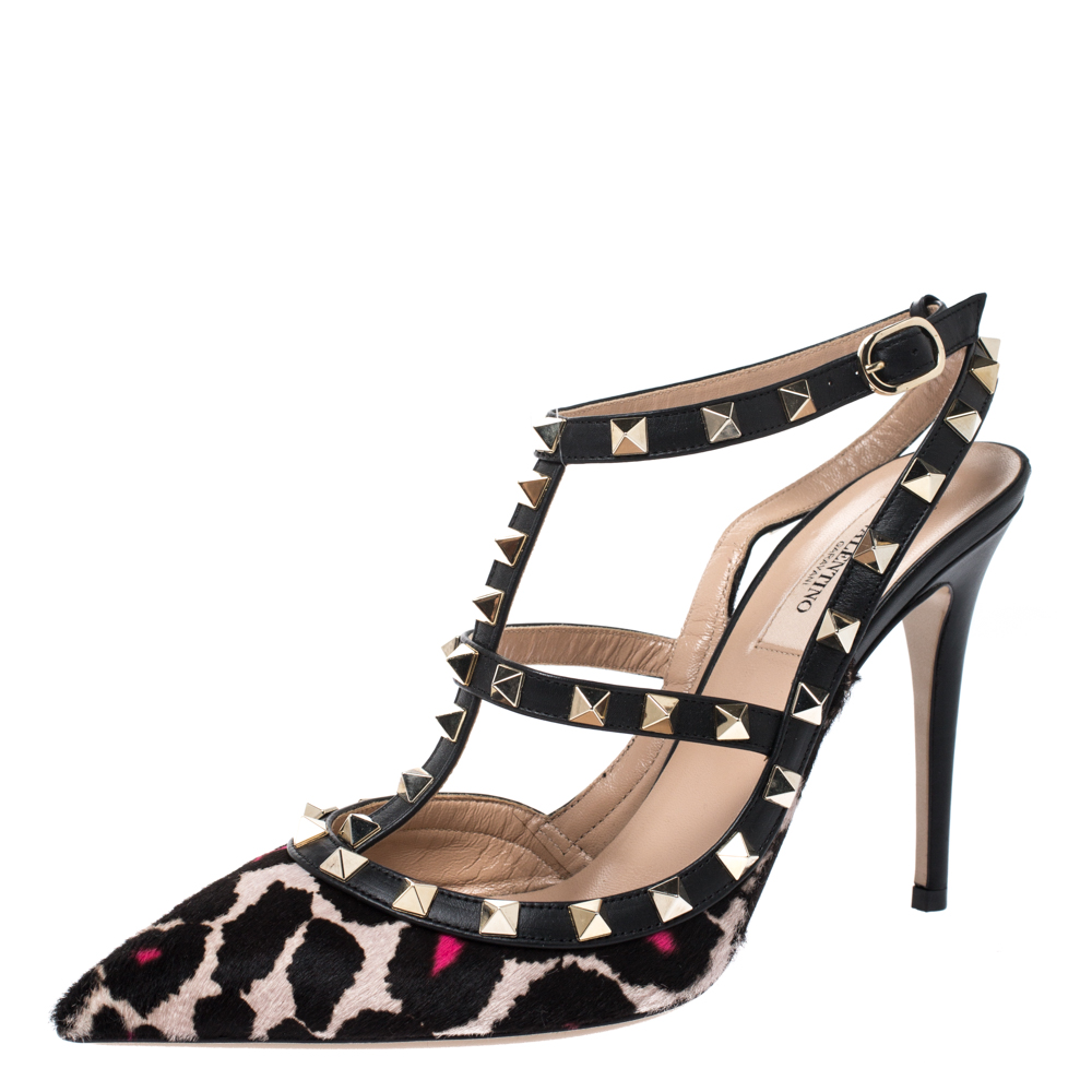 Pre-owned Valentino Garavani Multicolor Pony Hair And Black Leather Ankle Strap Rockstud Sandals Size 39.5