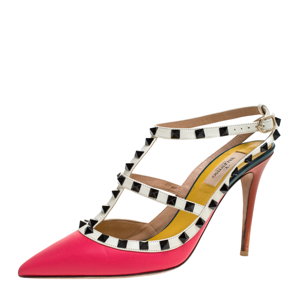 Pre Owned Valentino Pink/White Leather Rockstud Ankle Strap Sandals Size 40