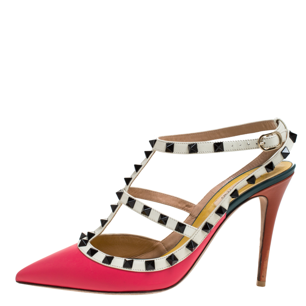 

Valentino Pink/White Leather Rockstud Ankle Strap Sandals Size