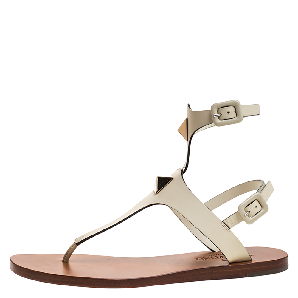 

Valentino White Leather Studded Thong Flat Sandals Size