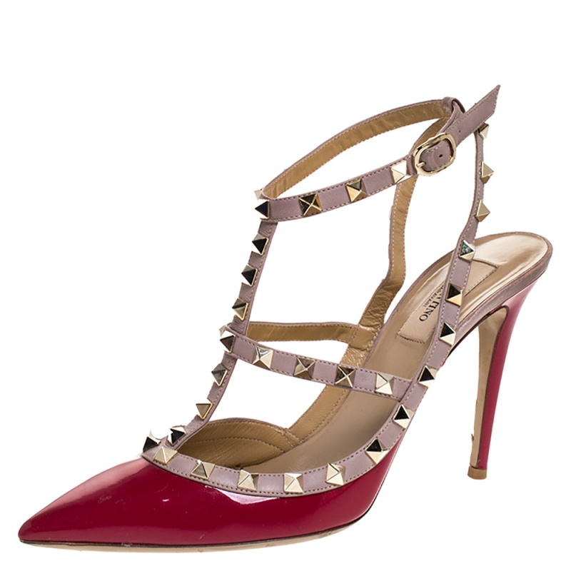 Valentino Dark Pink Patent And Leather Rockstud Pointed Toe Sandals ...
