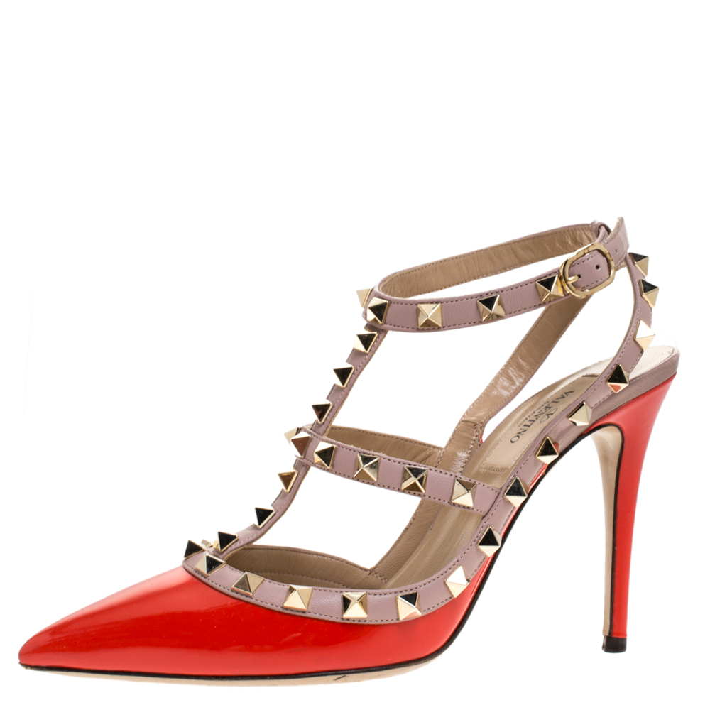 Pre-owned Valentino Garavani Beige/red Patent And Leather Rockstud Ankle Strap Sandals Size 37