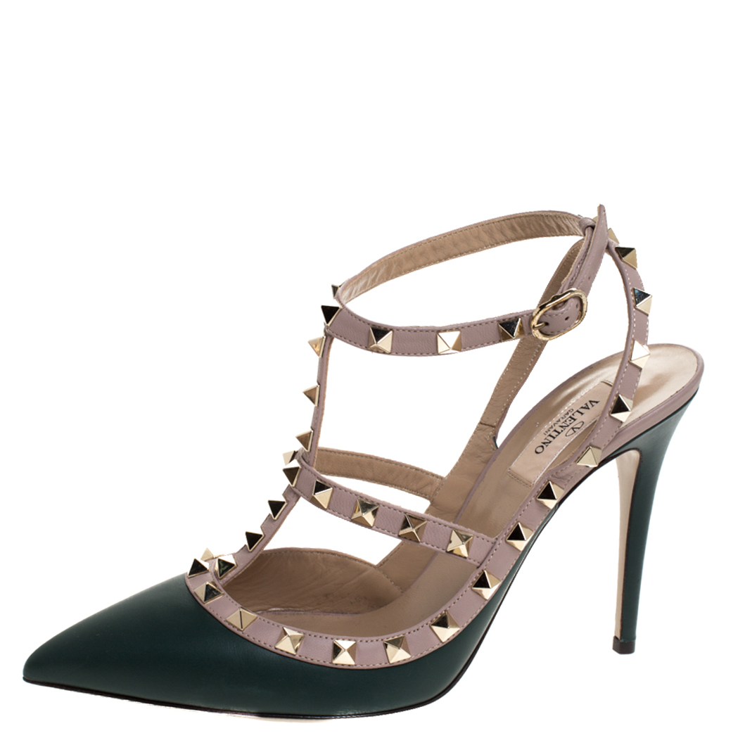 Valentino Green/Beige Leather Rockstud Strappy Pointed Toe Sandals Size 40