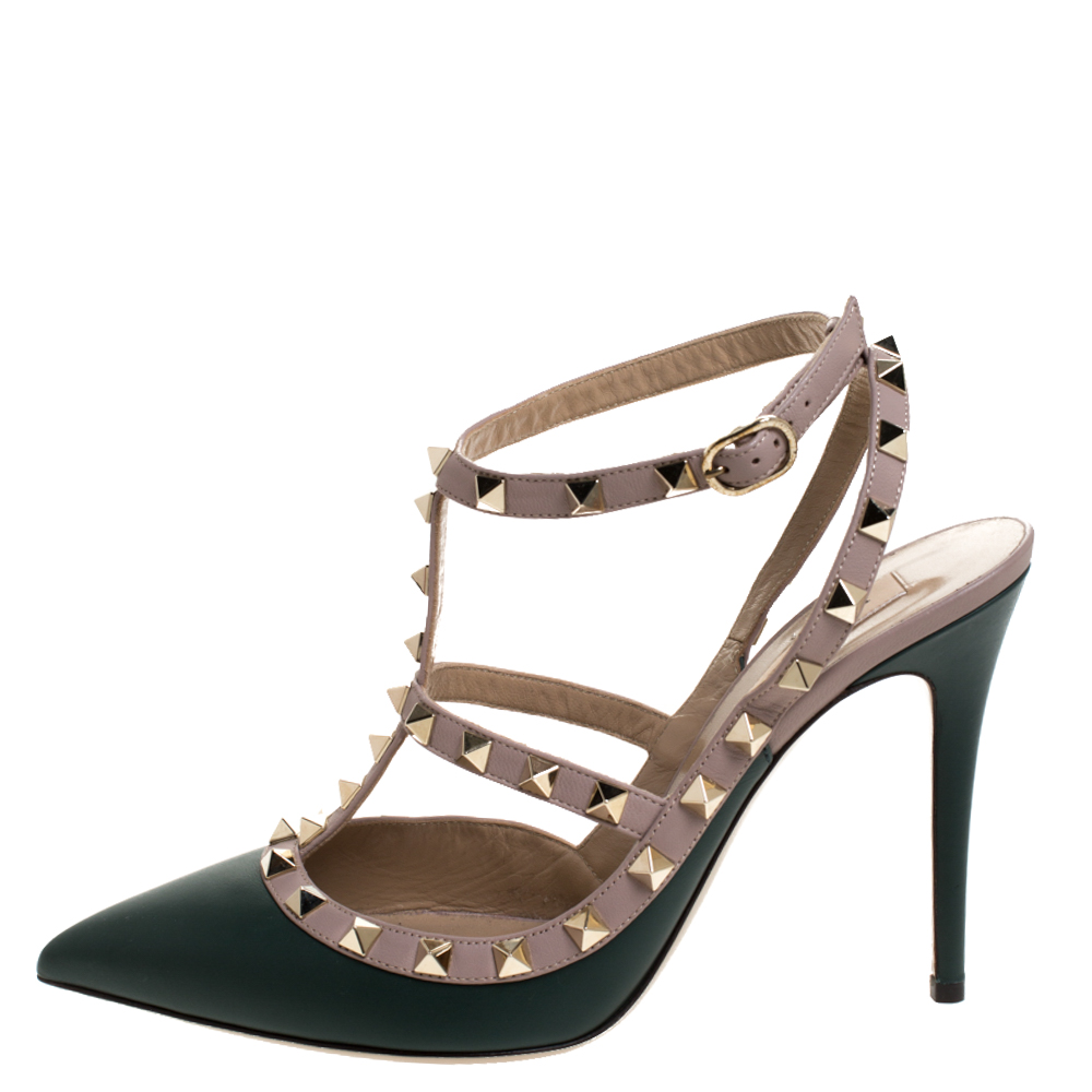 

Valentino Green/Beige Leather Rockstud Strappy Pointed Toe Sandals Size