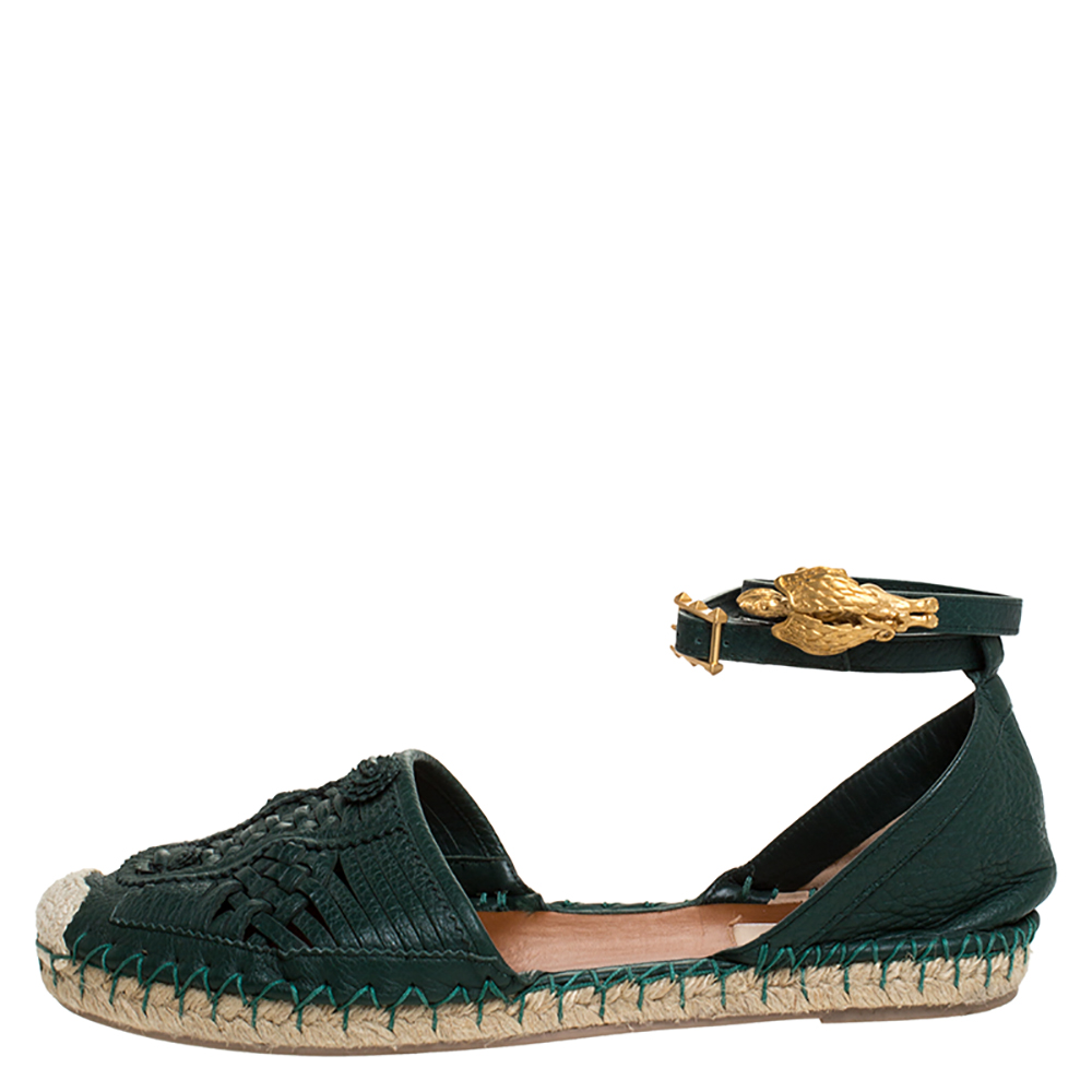 

Valentino Green Leather Espadrilles Ankle Wrap Flat Sandals Size