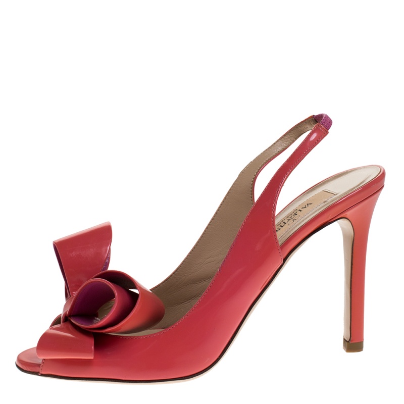 

Valentino Coral Patent Leather Slingback Peep Toe Bow Sandals Size, Red