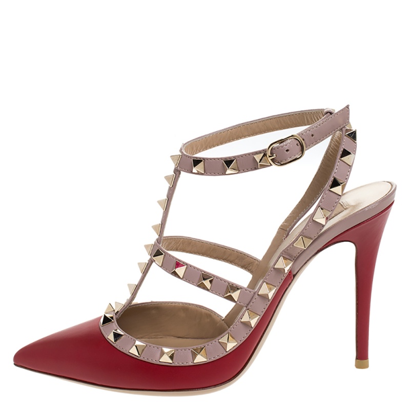 

Valentino Rosso Red/Beige Leather Rockstud Ankle Strap Sandals Size