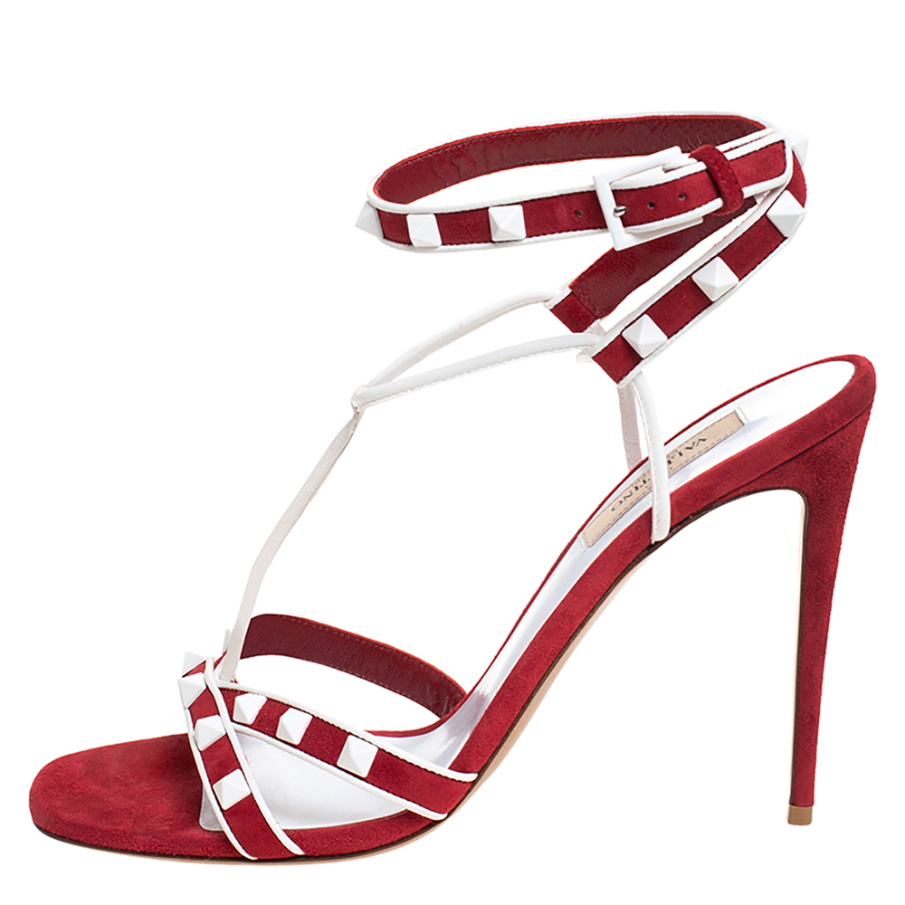

Valentino Red/White Suede And Leather Free Rockstud Ankle Wrap Sandals Size