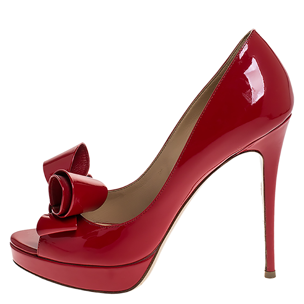 

Valentino Red Patent Leather Bow Peep Toe Platform Pumps Size