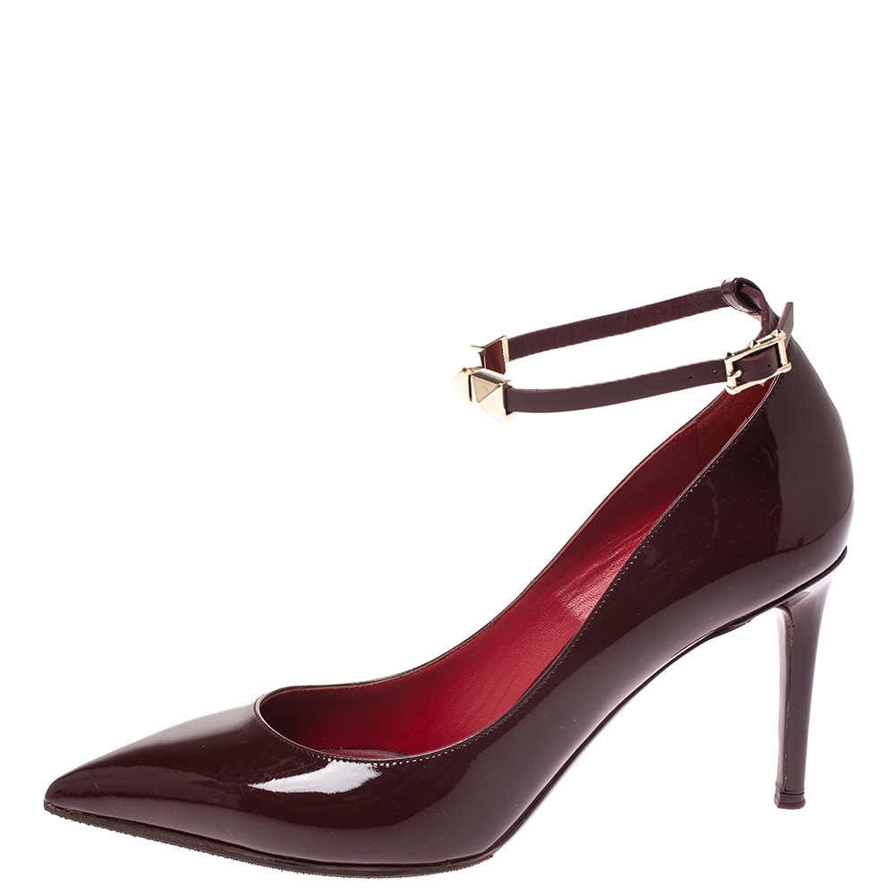 

Valentino Burgundy Patent Leather Ankle Strap Pointed Toe Pumps Size
