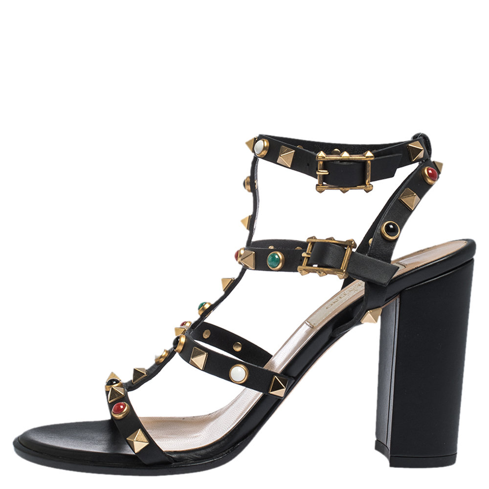 

Valentino Black Leather Caged Studded Ankle Strap Sandals Size