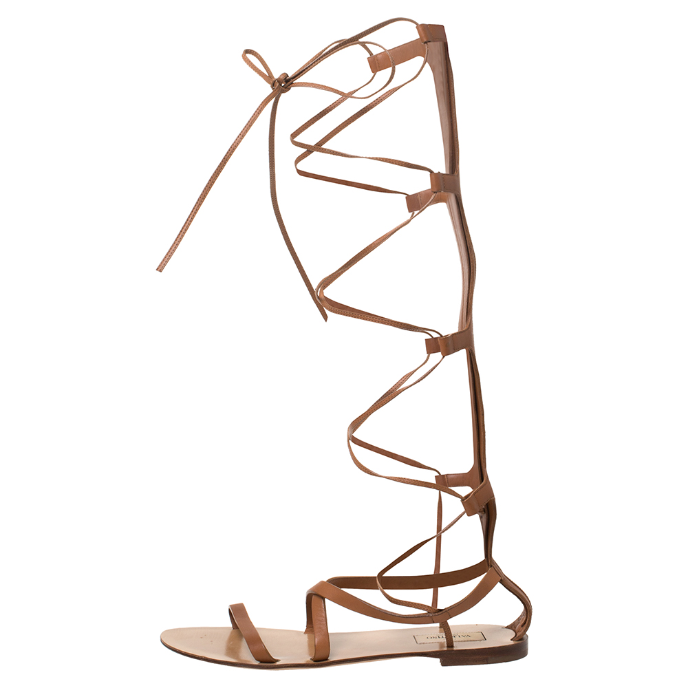 

Valentino Tan Leather Knee High Gladiator Flat Sandals Size