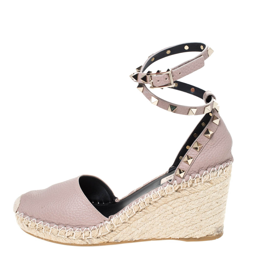 

Valentino Beige Leather Rockstud Ankle Strap Wedge Espadrille Sandals Size