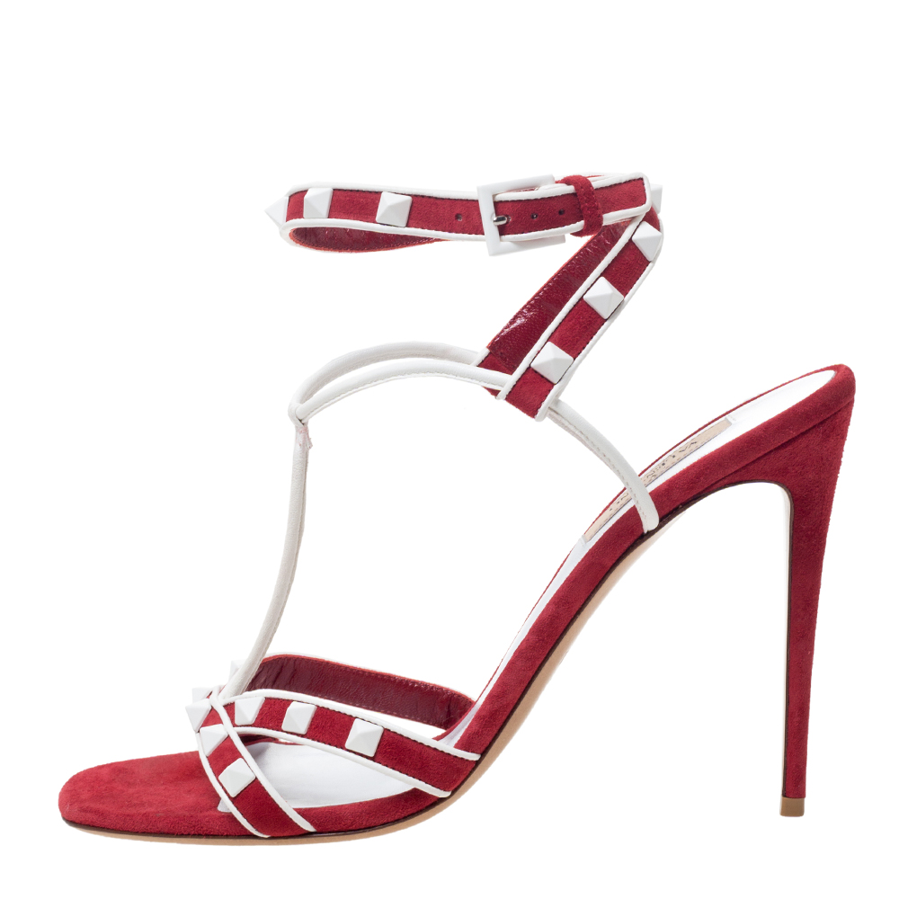 

Valentino Red/White Suede and Leather Rockstud Strappy Sandals Size