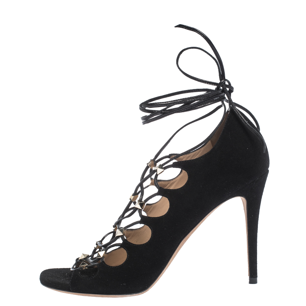 

Valentino Black Suede Rockstud Open Toe Lace Up Ankle Wrap Sandals Size