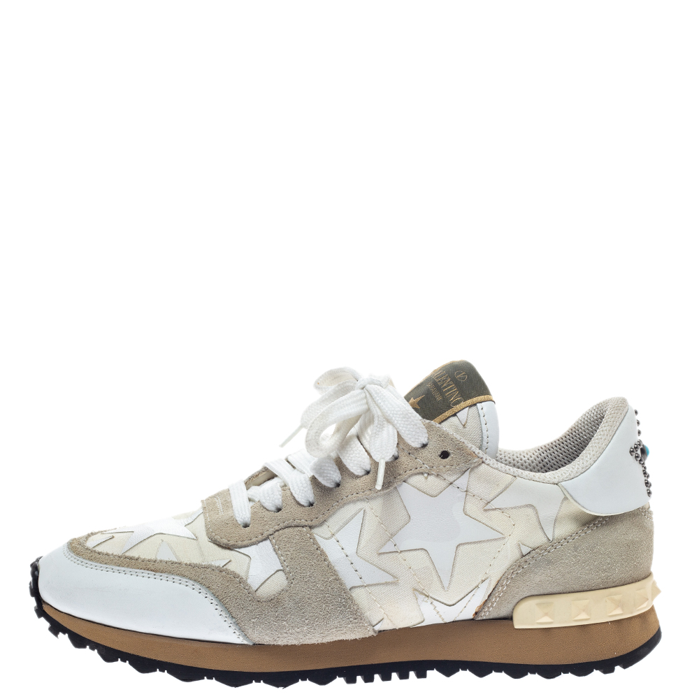 

Valentino White/Grey Leather and Suede Starstudded Low Top Sneakers Size