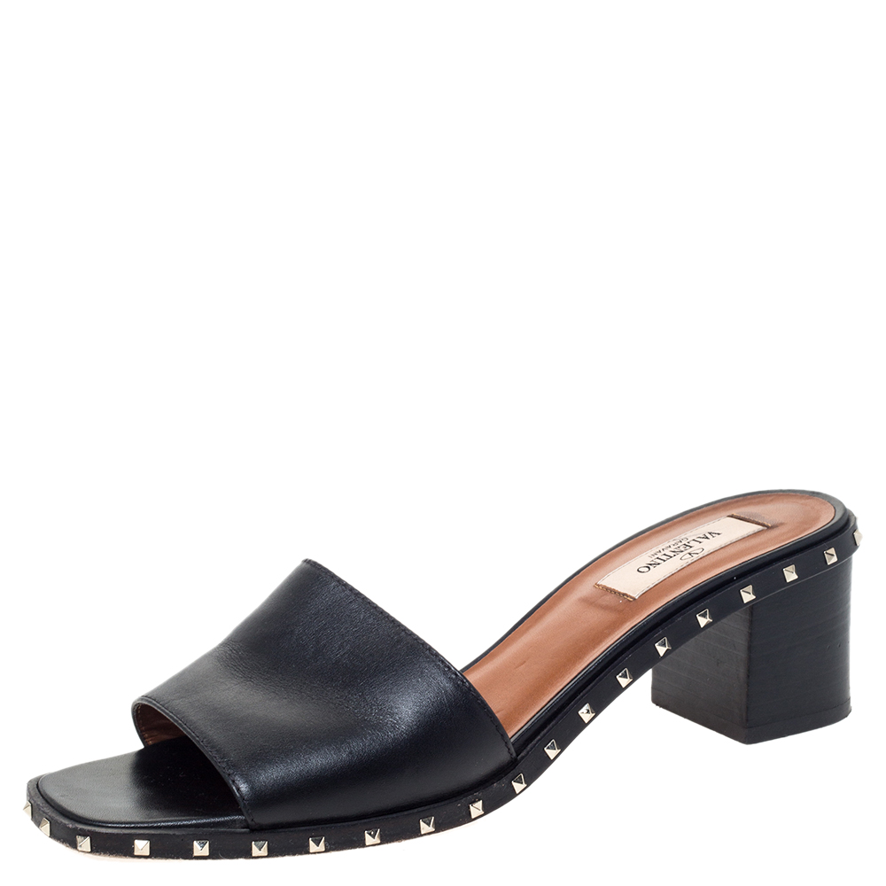 Pre Owned Valentino Black Leather Soul Rockstud Open Toe Sandals Size 38