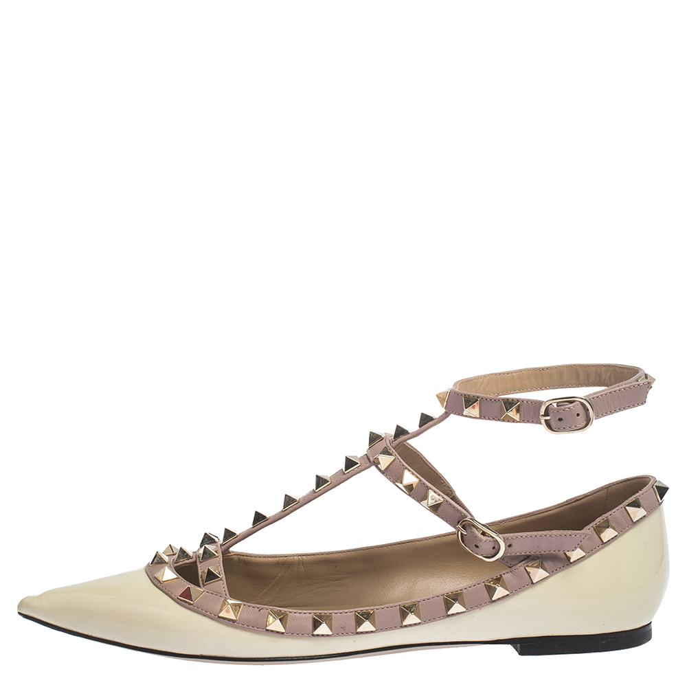

Valentino Cream/Beige Patent Leather Rockstud Ballet Flats Size
