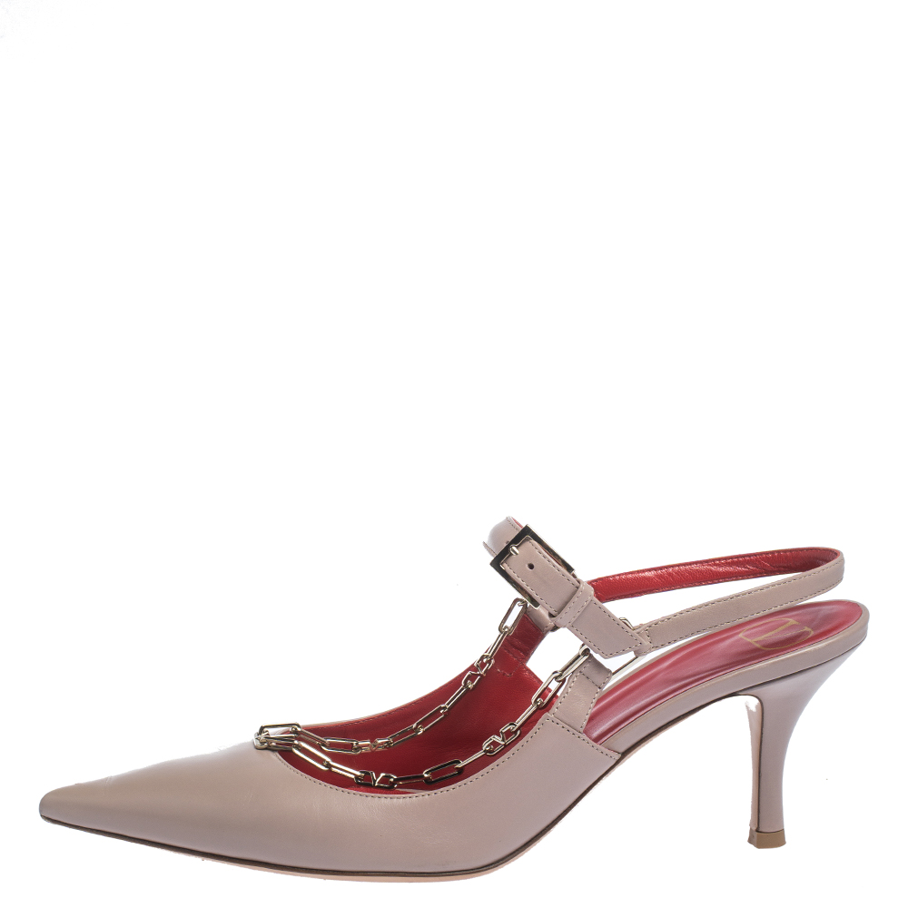 

Valentino Beige Leather Chain Strap Pointed Toe Slingback Sandals Size