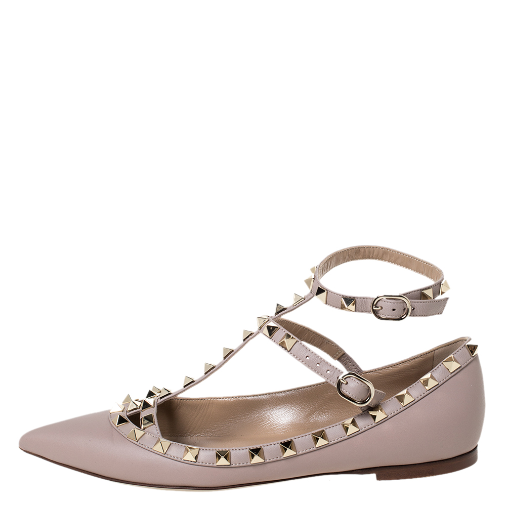 

Valentino Beige Leather Rockstud Pointed Toe Ankle Strap Ballet Flats Size