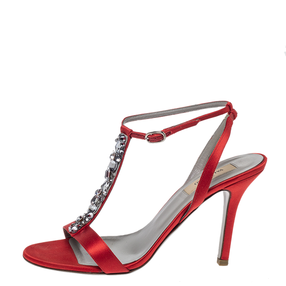 

Valentino Red Satin Crystal Embellished T Strap Sandals Size
